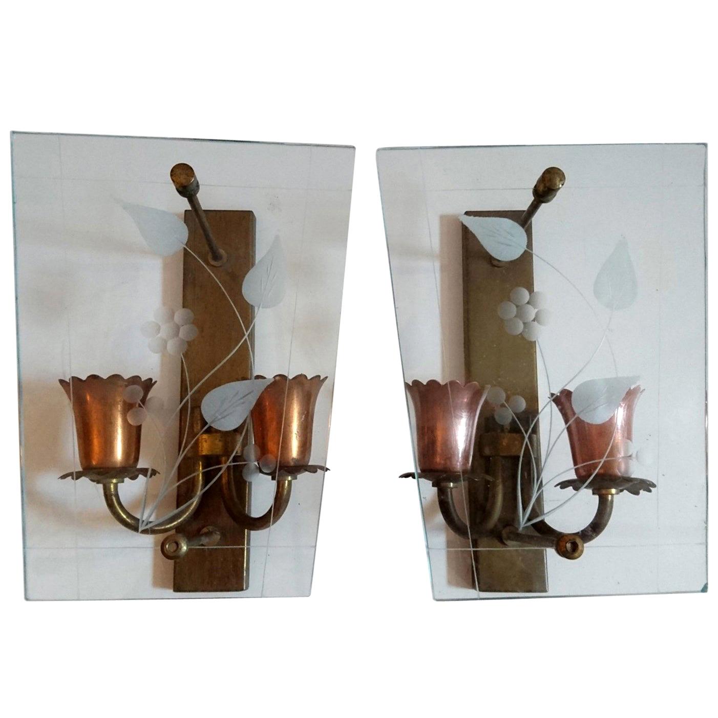 Pair of Midcentury Glass and Copper Wall Sconces, Made in Italy