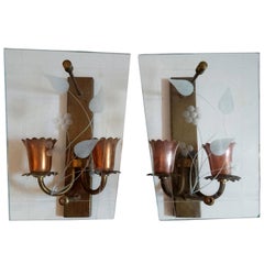 Vintage Pair of Midcentury Glass and Copper Wall Sconces, Made in Italy