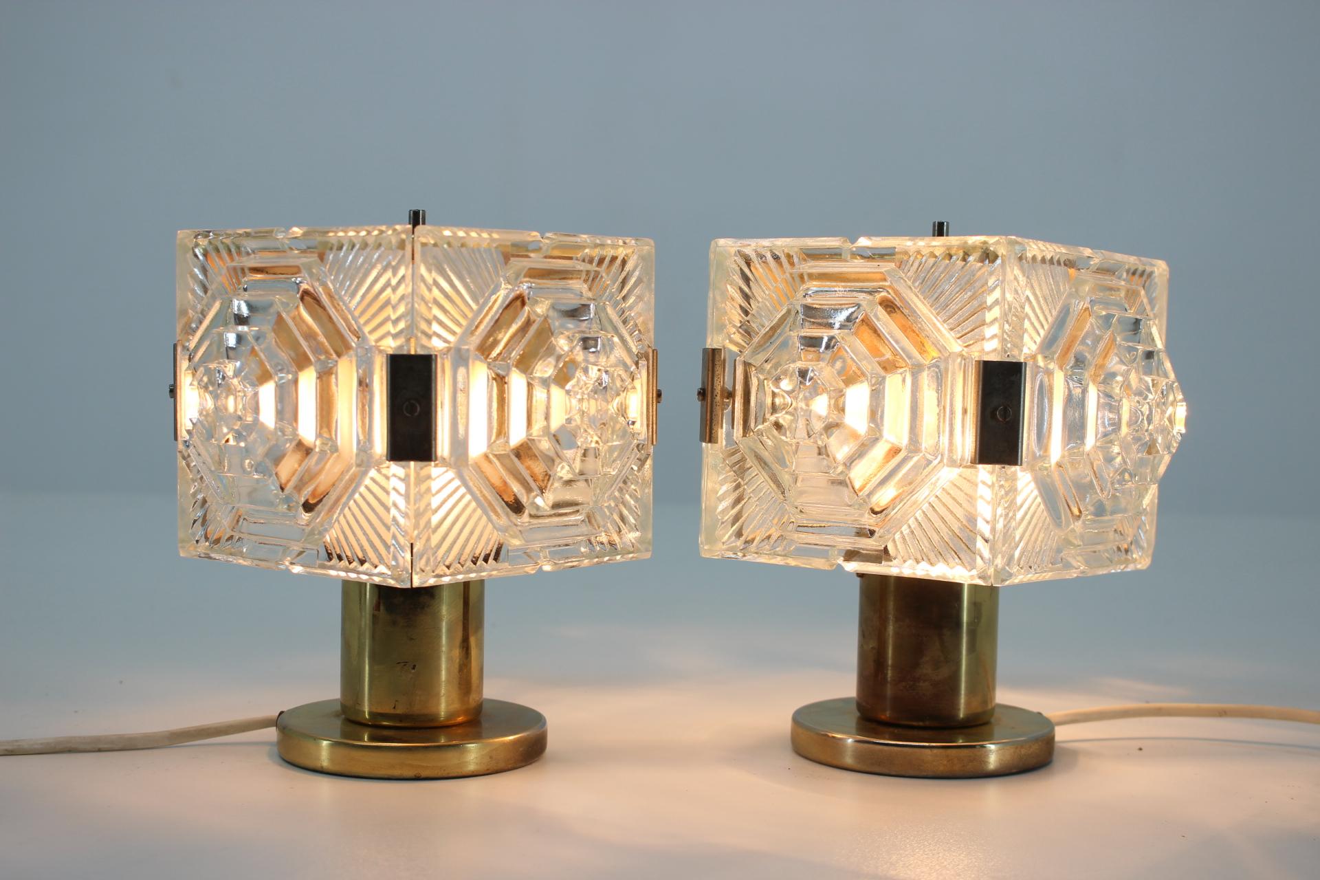 Czech Pair of Midcentury Glass Design Table Lamps, 1970s