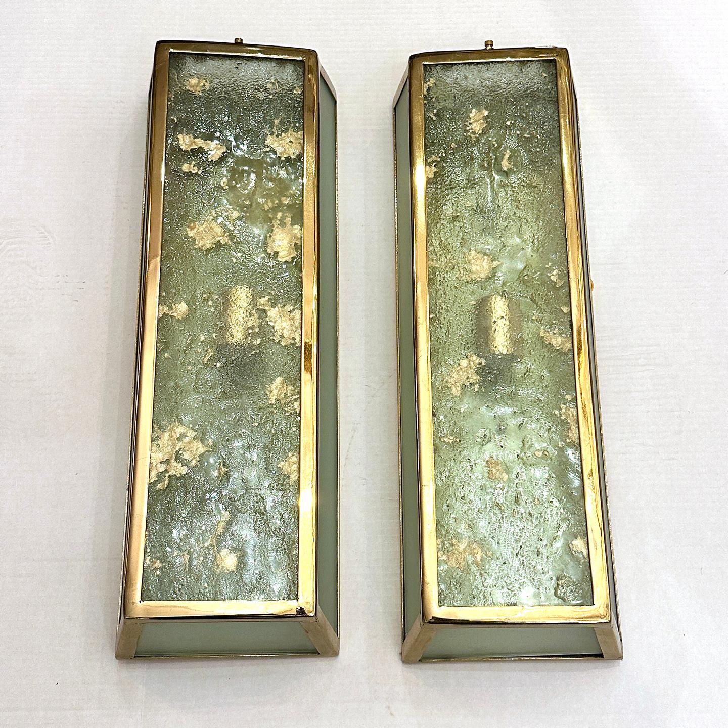 Pair of circa 1950s French gilt bronze flush-mount fixtures with art glass insets. 2 lights each. Sold individually.

Measurements:
Height: 12