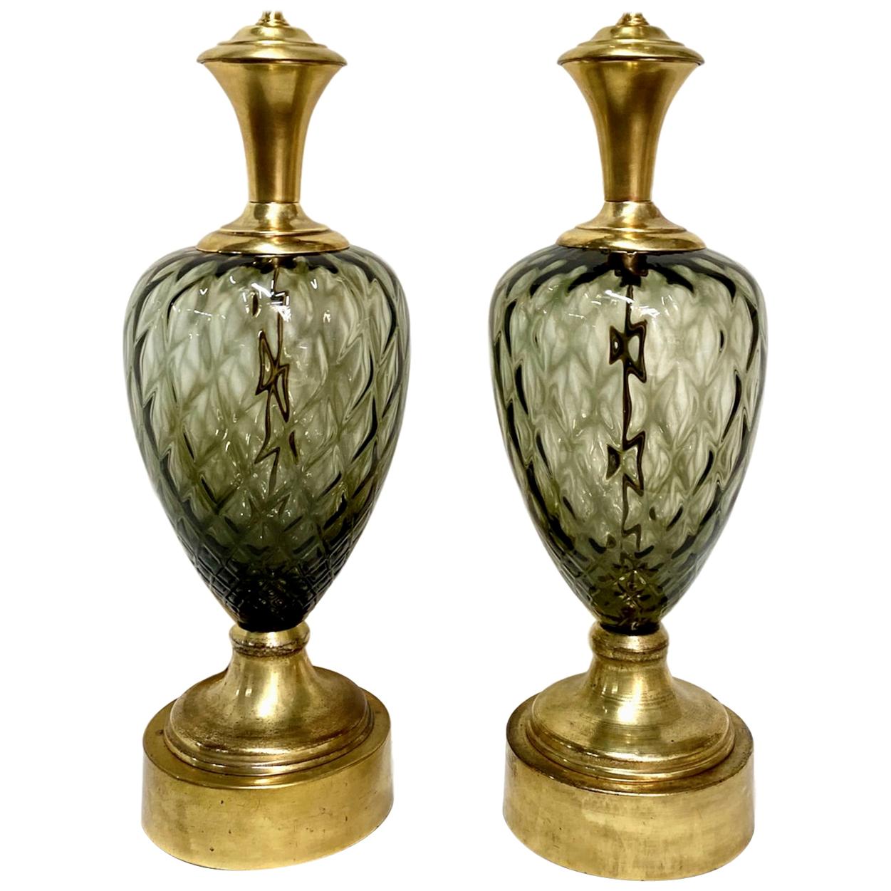 Pair of Midcentury Glass Table Lamps For Sale