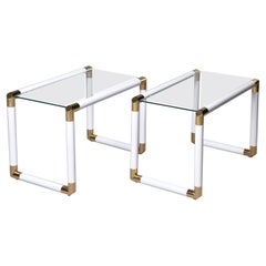 Pair of Midcentury Glass Topped Tables with Brass and White Metal Tubular Frames