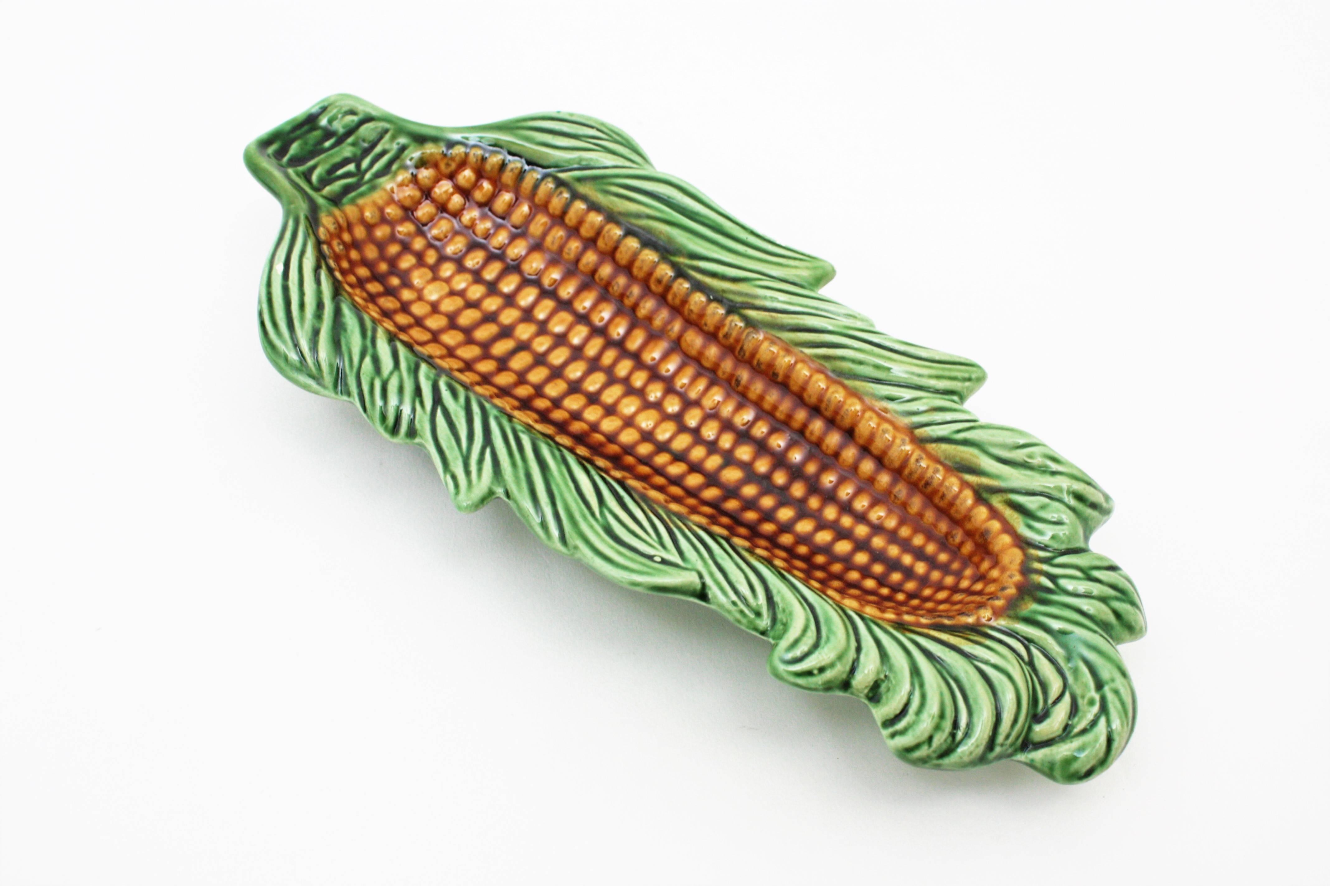 Mid-Century Modern Pair of Midcentury Glazed Ceramic Corn on the Cob Dishes, Portugal, 1960s For Sale