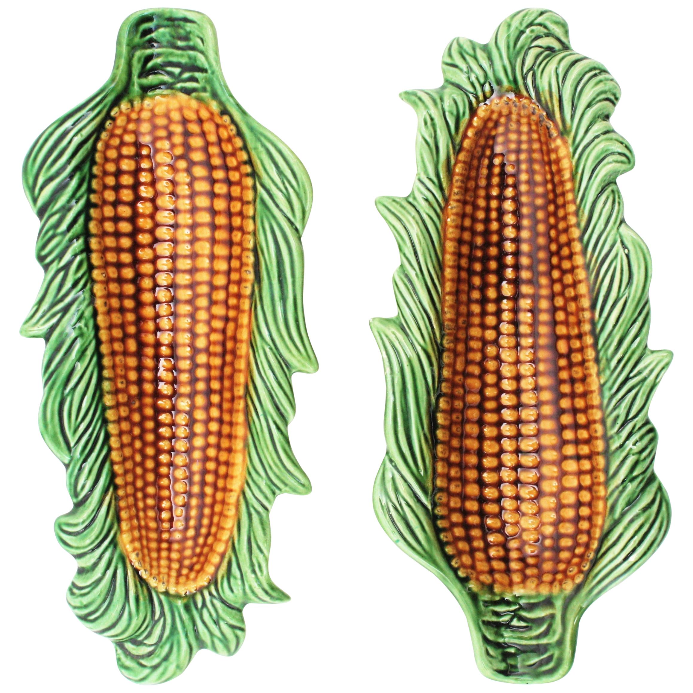 Pair of Midcentury Glazed Ceramic Corn on the Cob Dishes, Portugal, 1960s