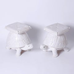 Pair of Midcentury Glazed Terra Cotta Turtle Garden Seats or Stools