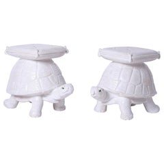 Vintage Pair of Midcentury Glazed Terra Cotta Turtle Garden Seats or Stools