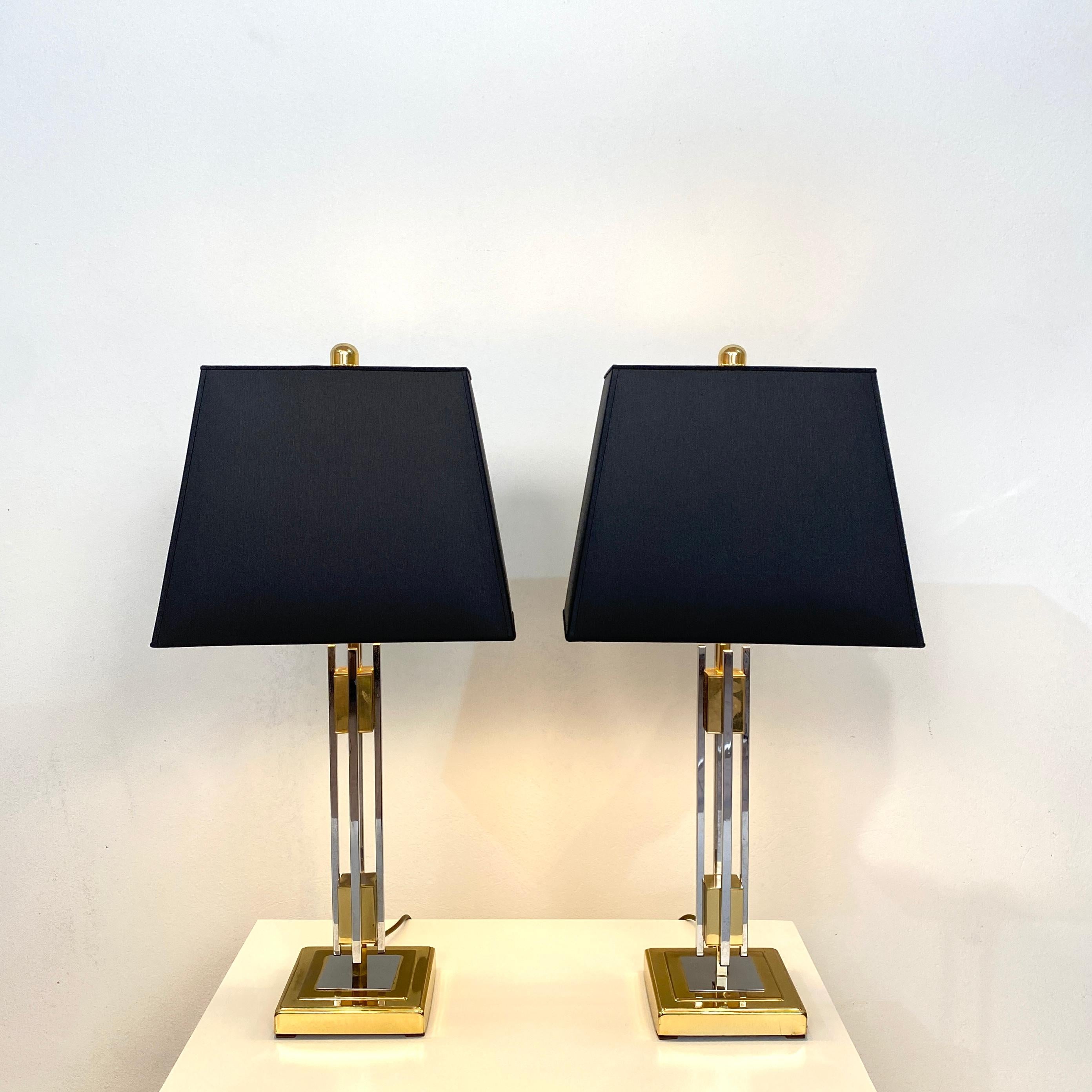 Late 20th Century Pair of Midcentury Gold and Chrome Table Lamps by Willy Rizzo, circa 1970