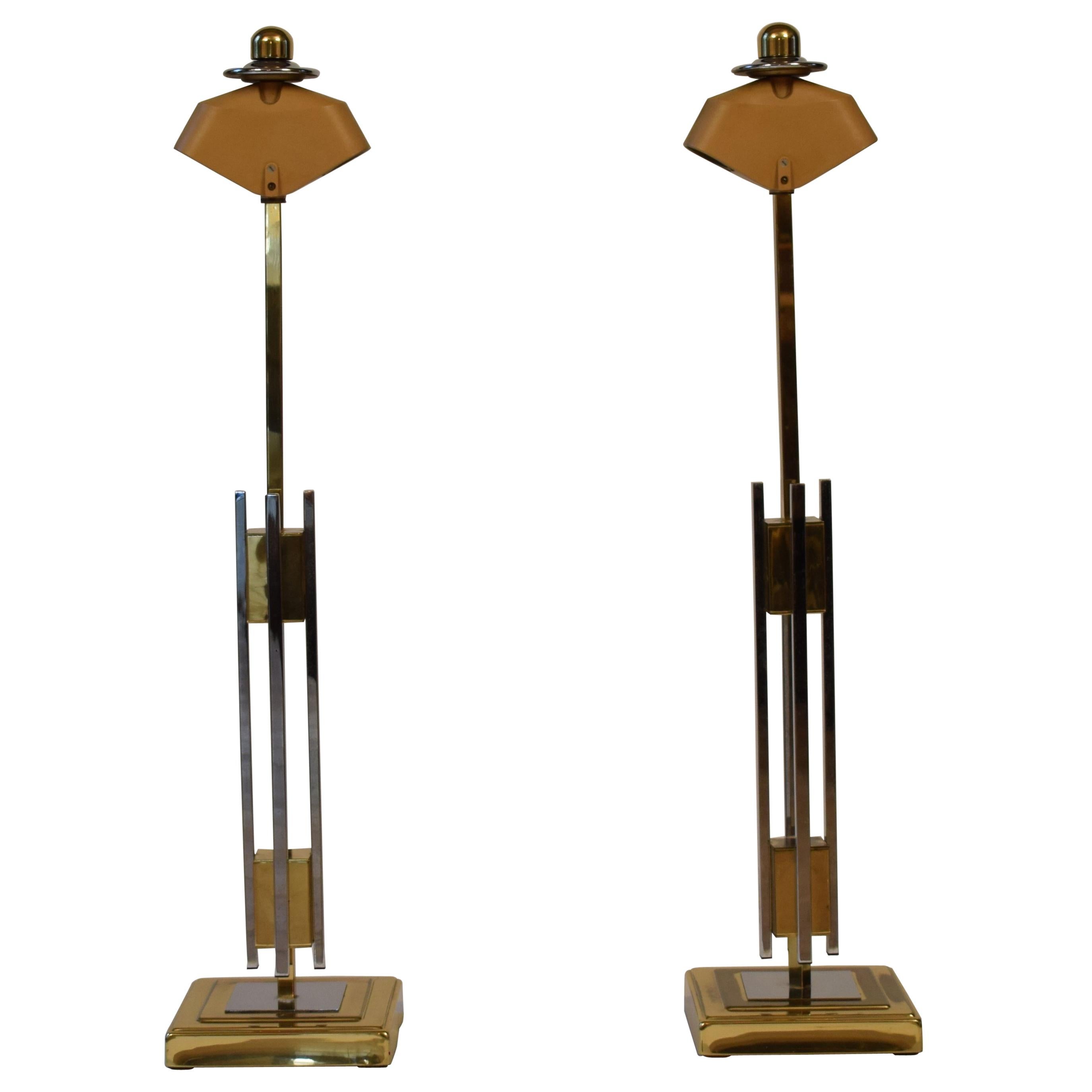 Fabric Pair of Midcentury Gold and Chrome Table Lamps by Willy Rizzo, circa 1970