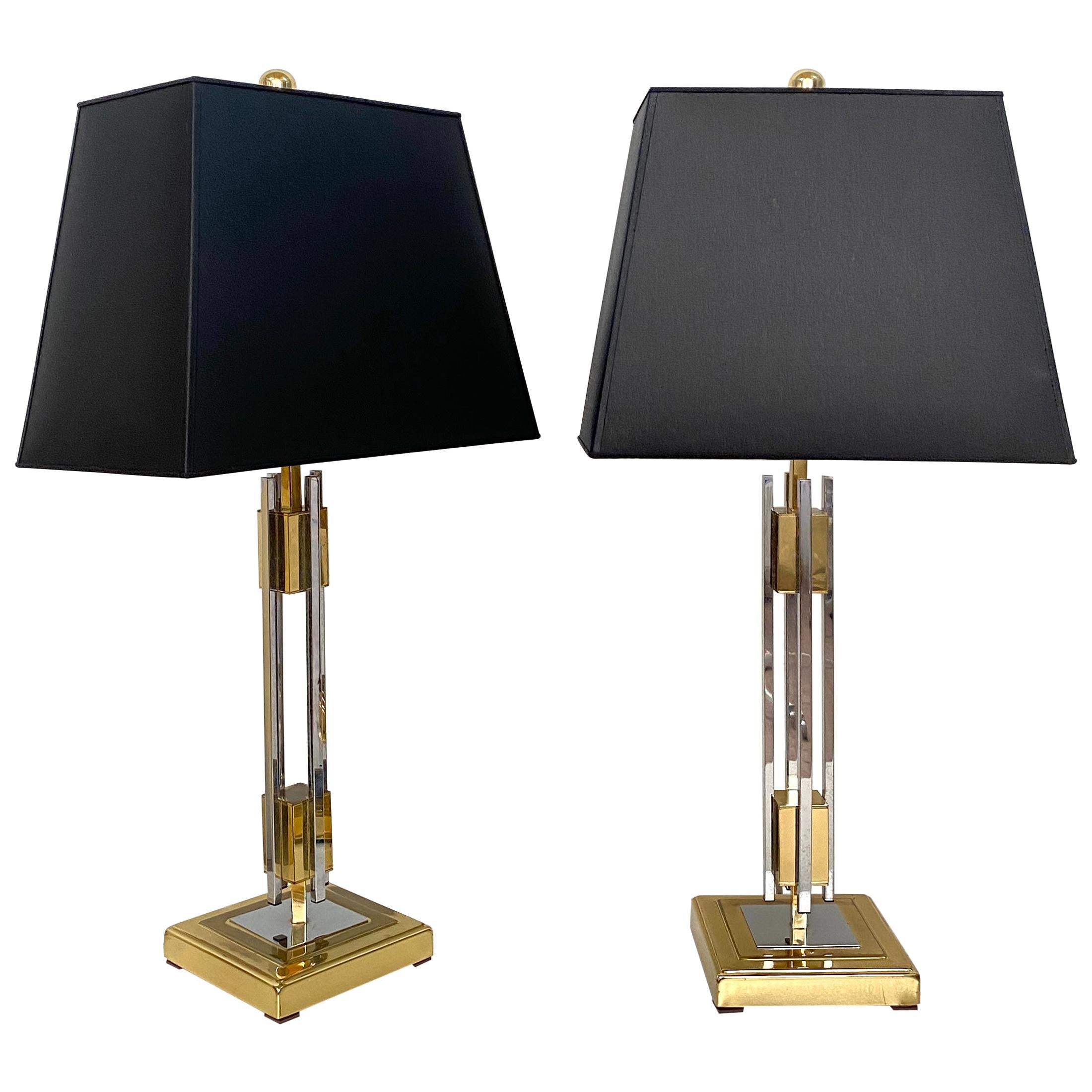 Pair of Midcentury Gold and Chrome Table Lamps by Willy Rizzo, circa 1970