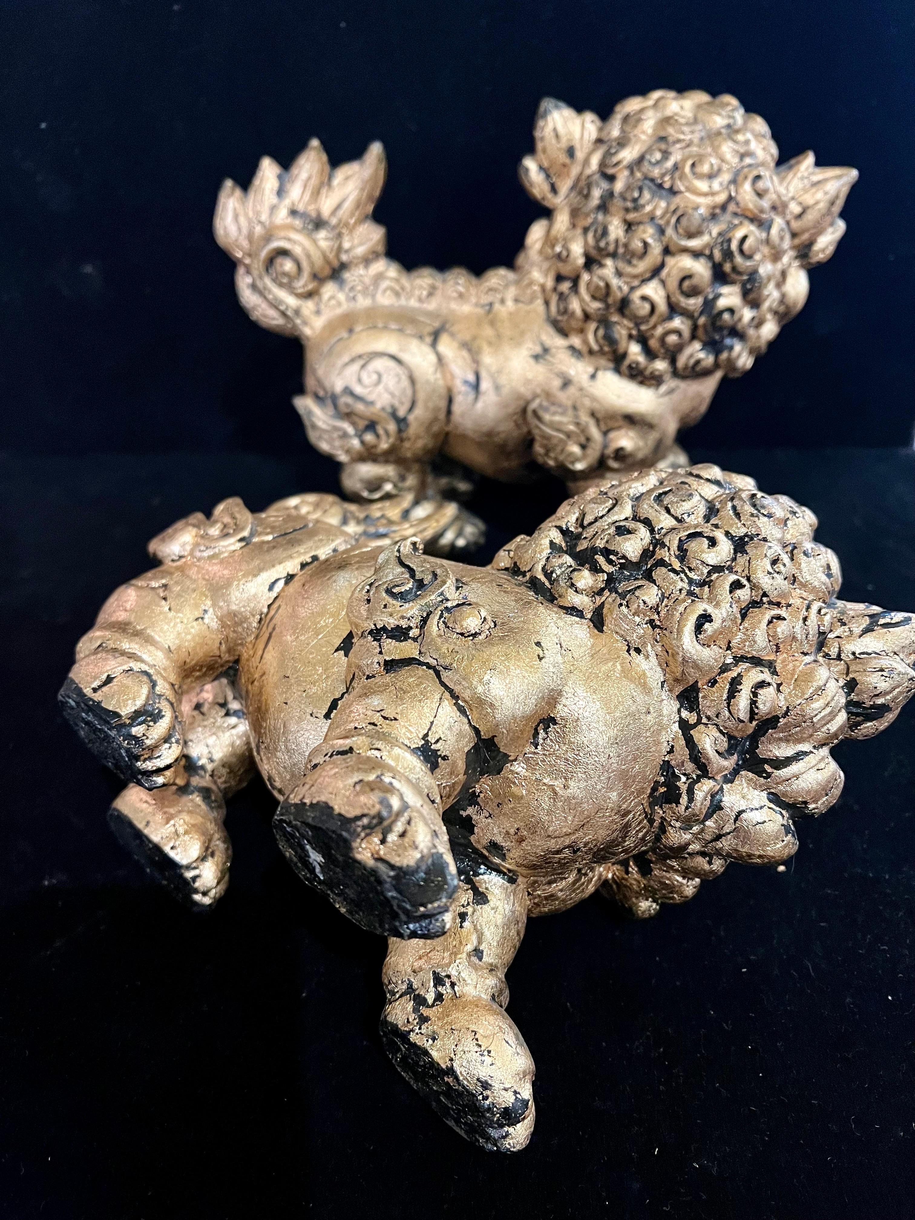 Hand-Crafted Pair of Mid-Century Gold Finish on Resin Foo Dogs or Bookends For Sale