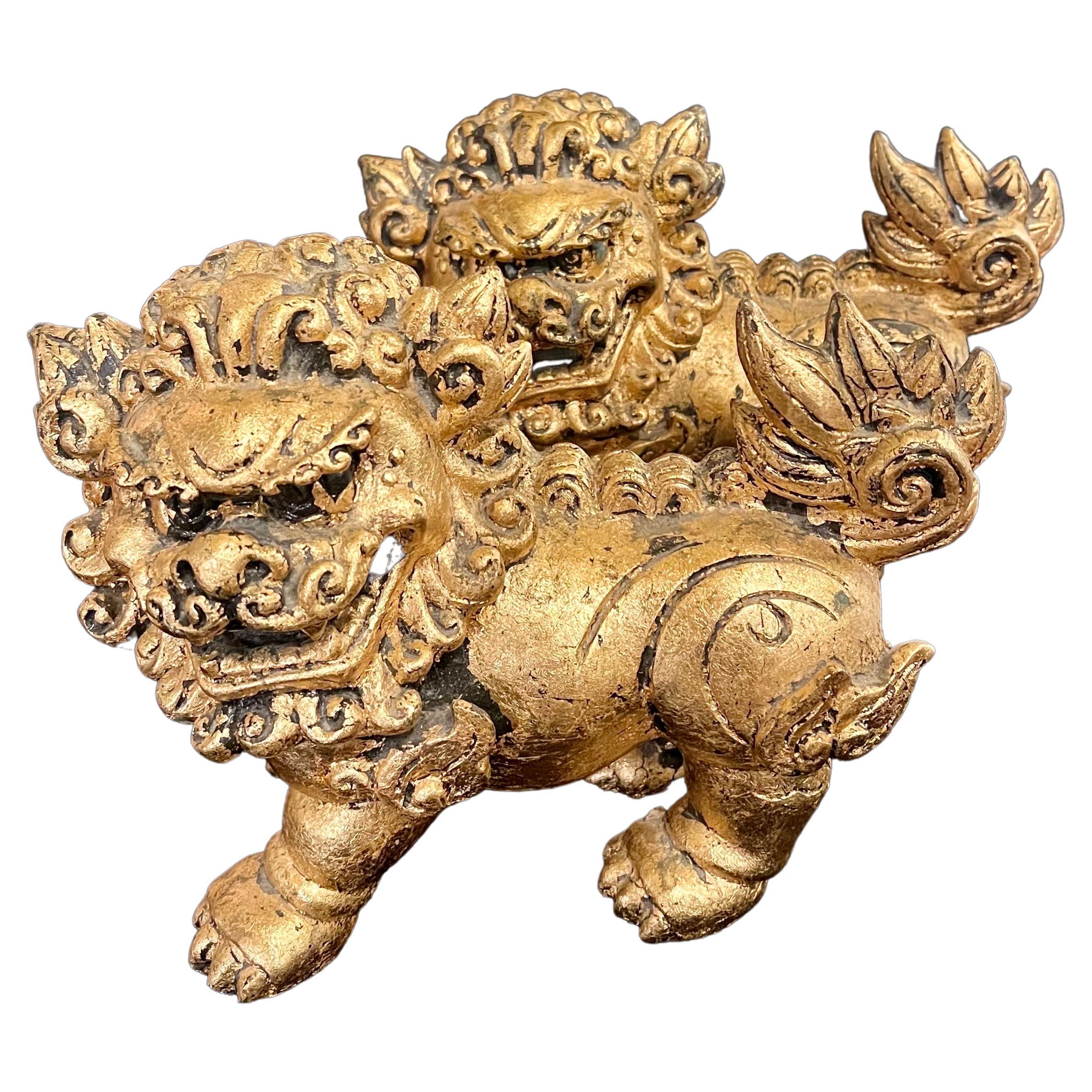 Pair of Mid-Century Gold Finish on Resin Foo Dogs or Bookends For Sale