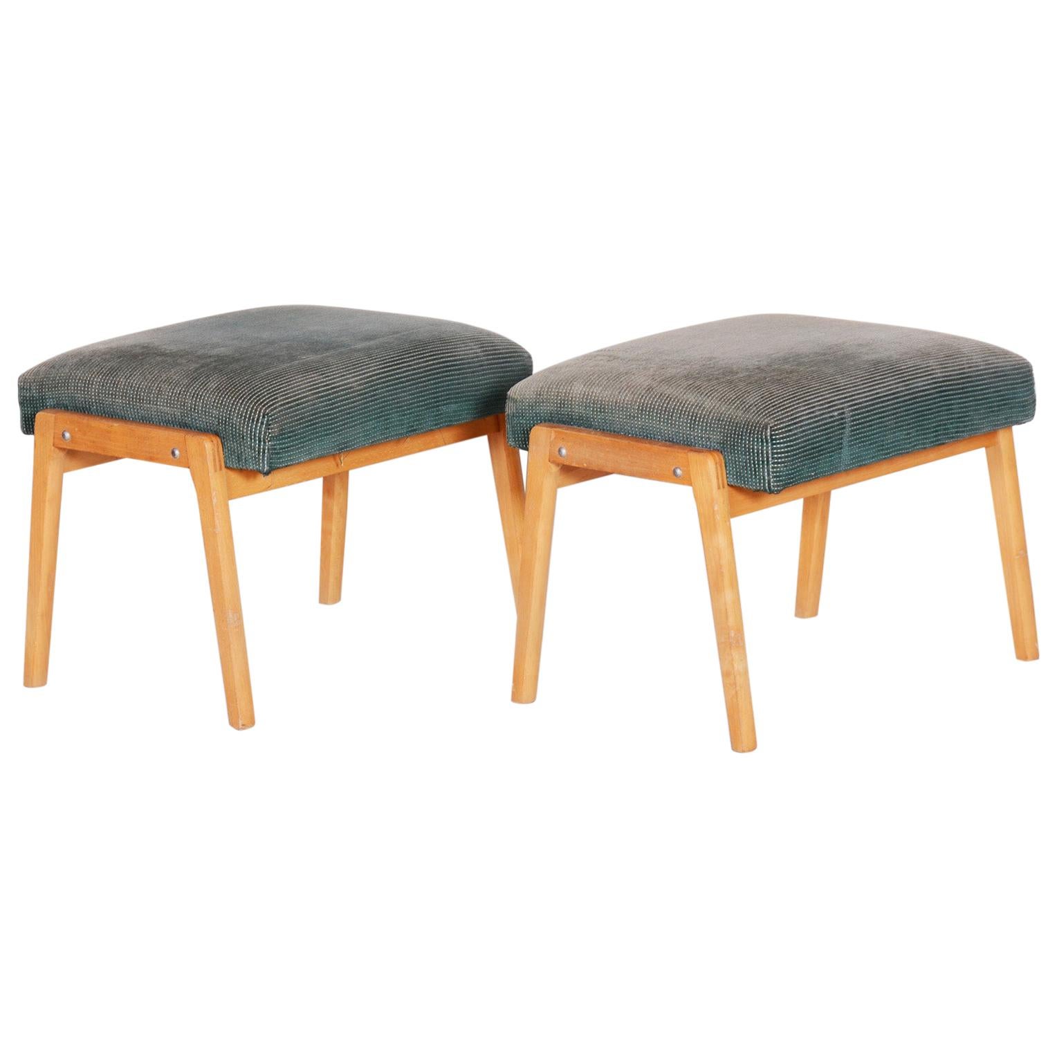 Pair of Midcentury Green Beech Stools, 1960s, Original Preserved Condition