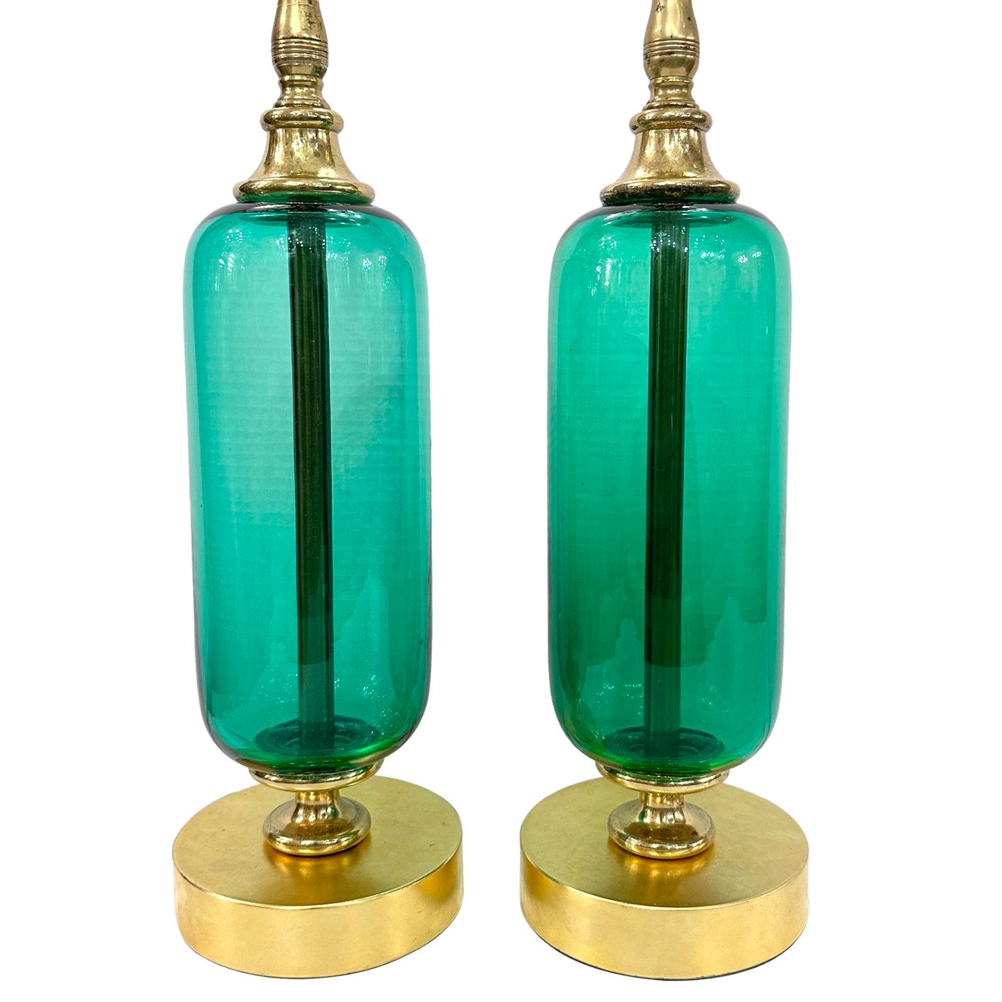 Pair of 1950's French blown glass table lamps.

Measurements:
Height of body: 16
Height to shade rest: 24