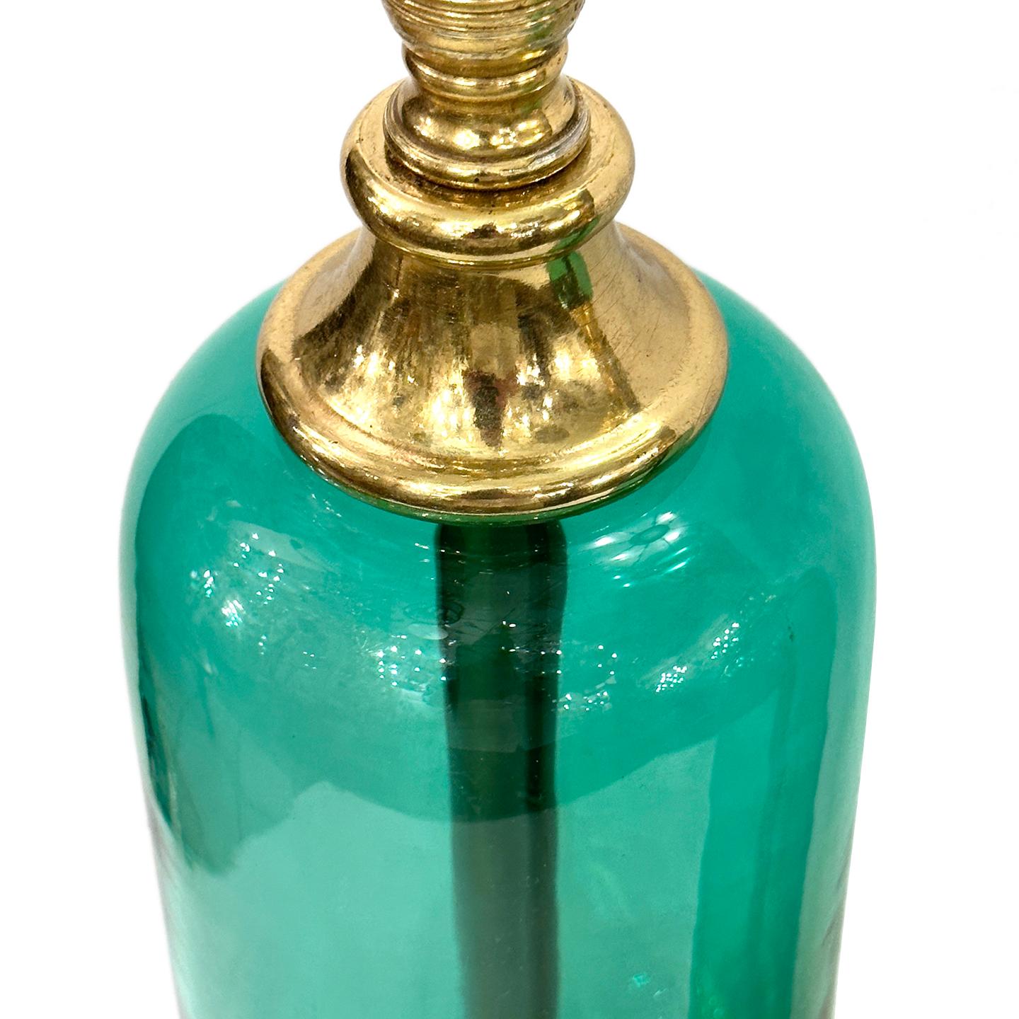 French Pair of Midcentury Green Glass Lamps For Sale