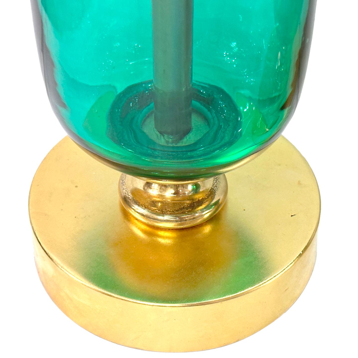 Pair of Midcentury Green Glass Lamps In Good Condition For Sale In New York, NY