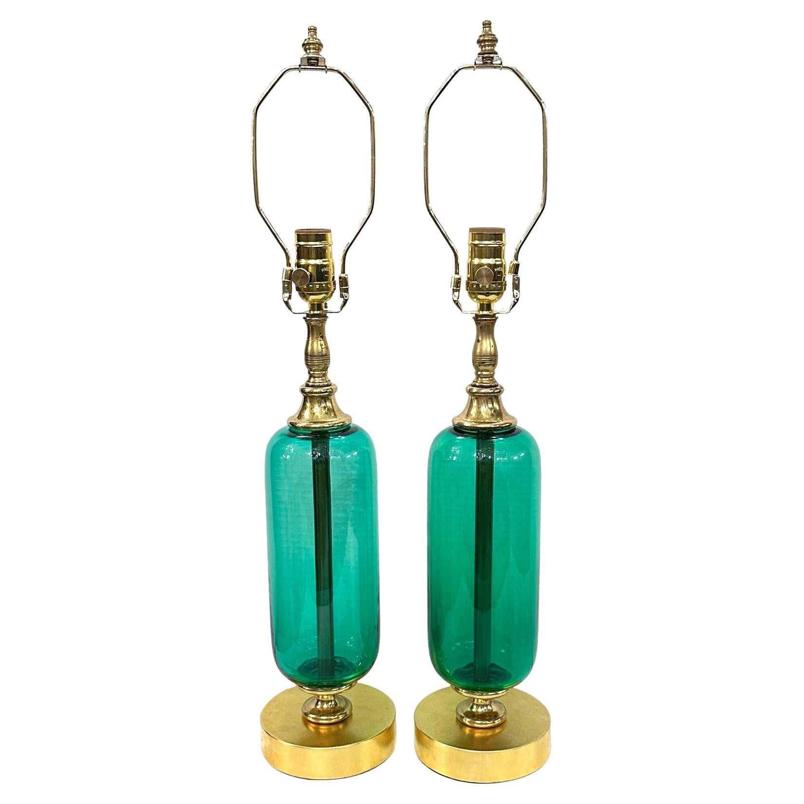 Pair of Midcentury Green Glass Lamps For Sale