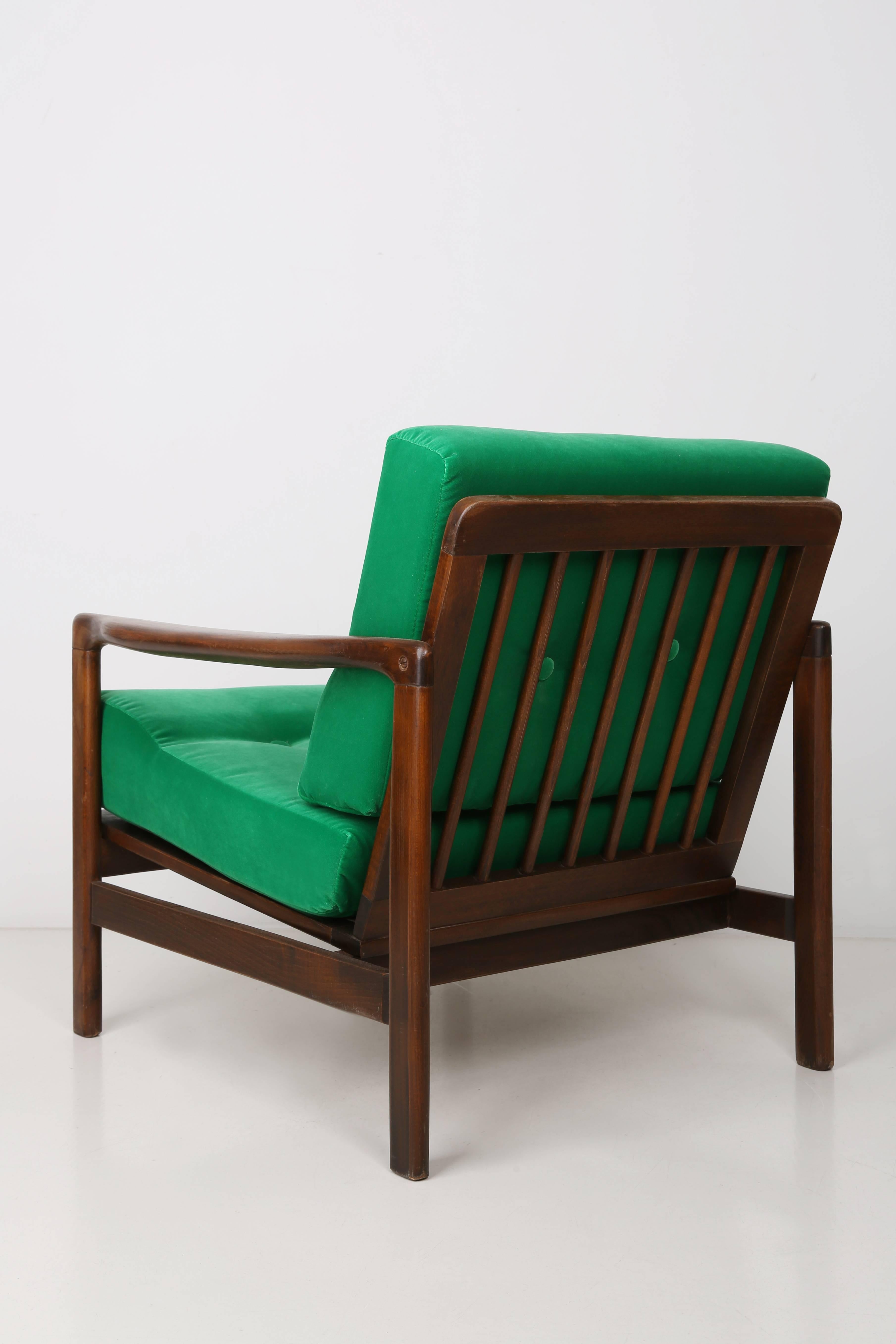 Polish Pair of Midcentury Green Grass Velvet Armchairs, Zenon Baczyk, 1960s For Sale