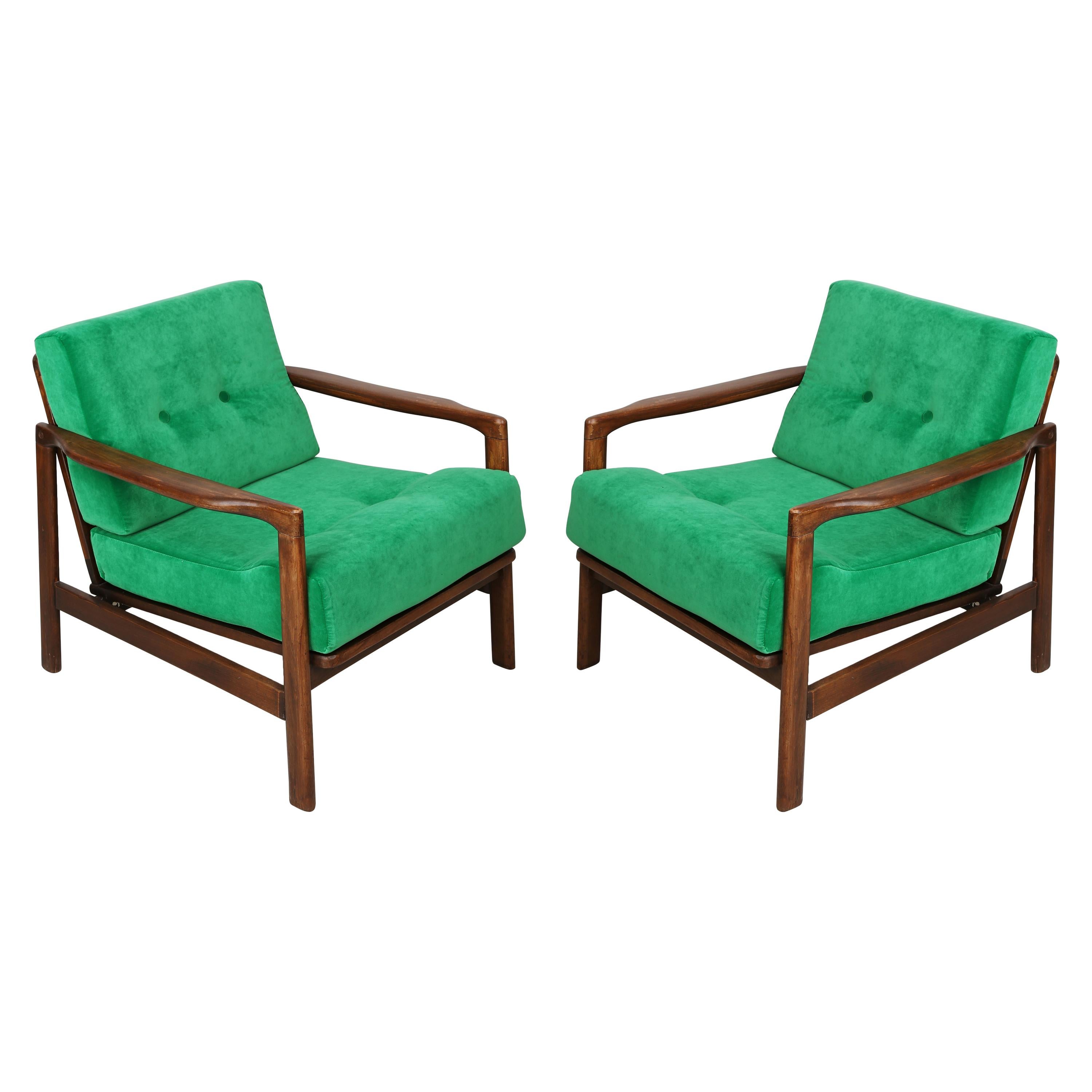 Pair of Midcentury Green Grass Velvet Armchairs, Zenon Baczyk, 1960s