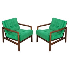 Vintage Pair of Midcentury Green Grass Velvet Armchairs, Zenon Baczyk, 1960s