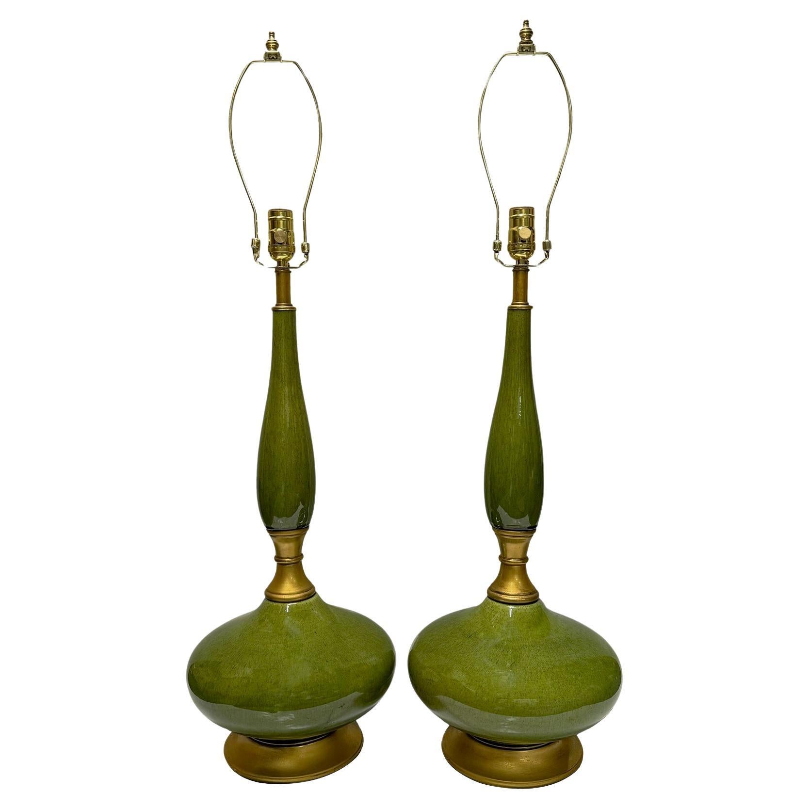 Pair of Midcentury Green Lamps For Sale
