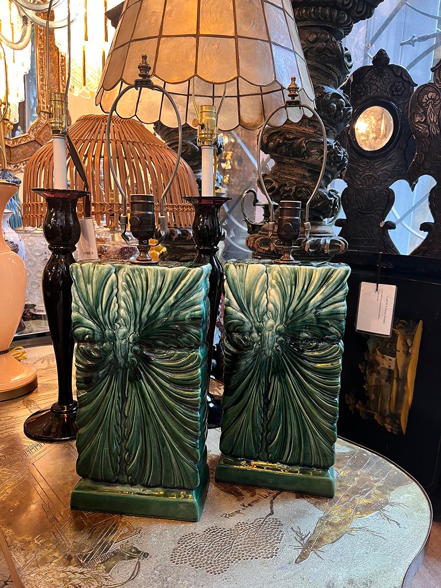 Mid-20th Century Pair of Midcentury Green Porcelain Lamps