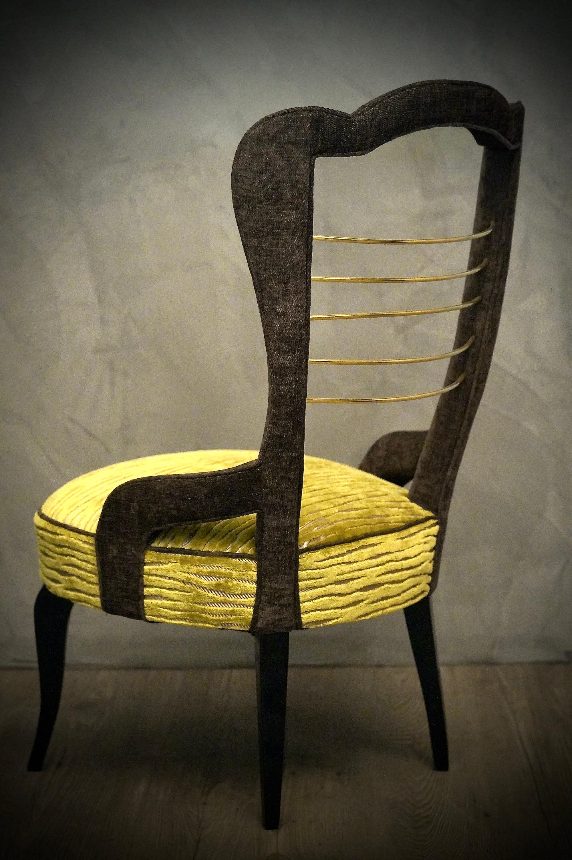 Midcentury Green Velvet and Brass Italian Style Side Chairs, 1950 In Good Condition For Sale In Rome, IT