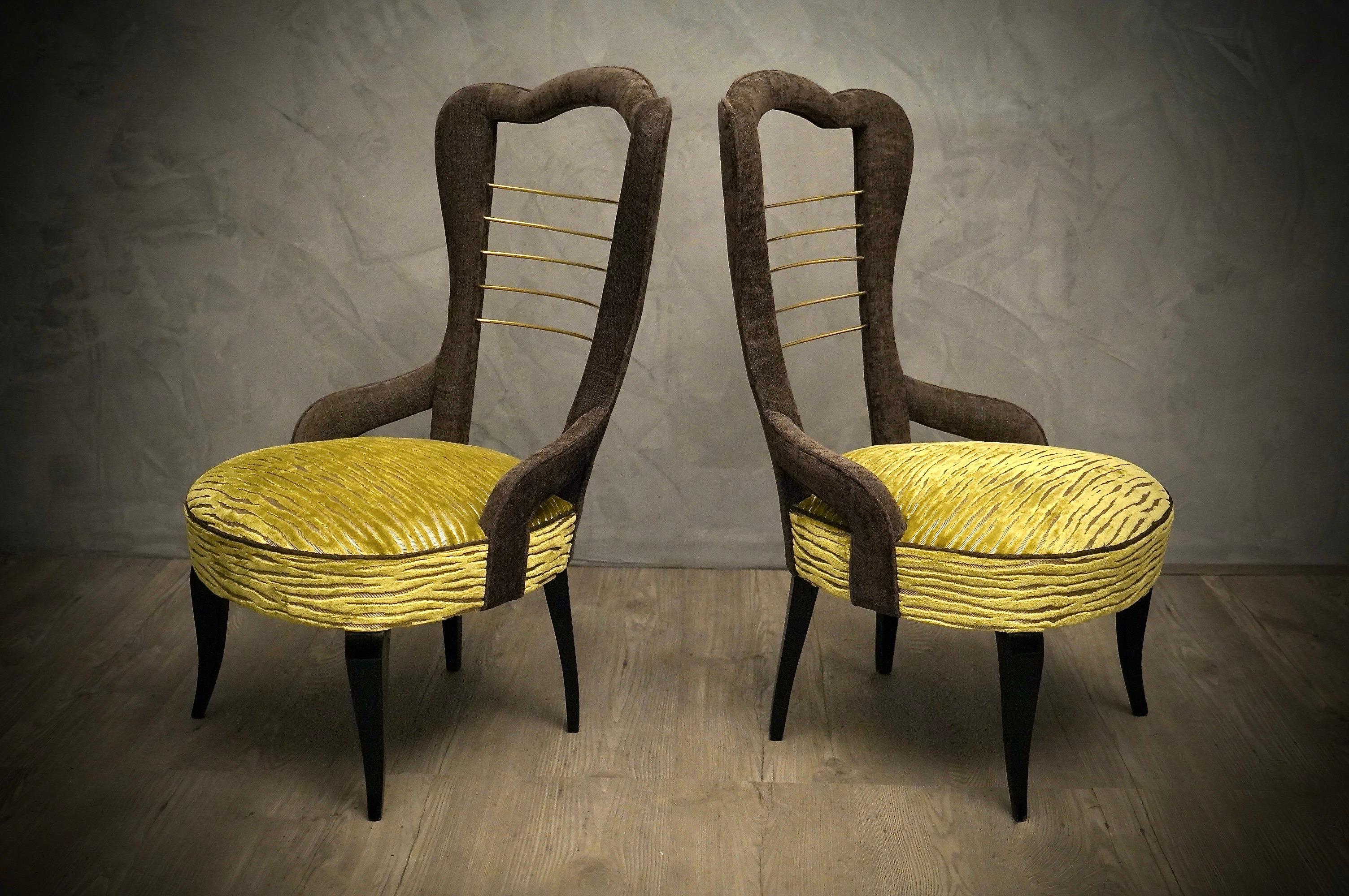Midcentury Green Velvet and Brass Italian Style Side Chairs, 1950 For Sale 1