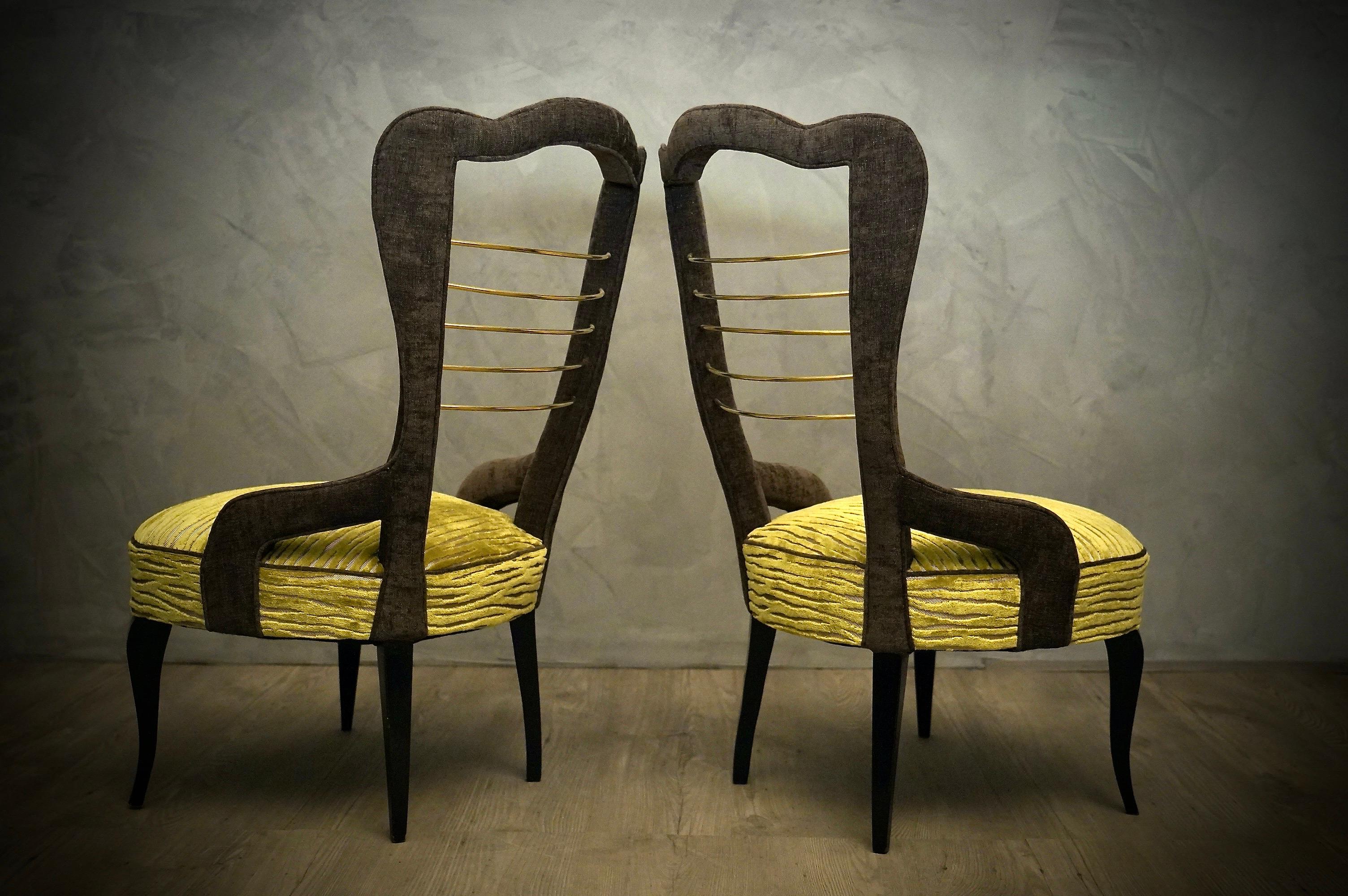Midcentury Green Velvet and Brass Italian Style Side Chairs, 1950 For Sale 2
