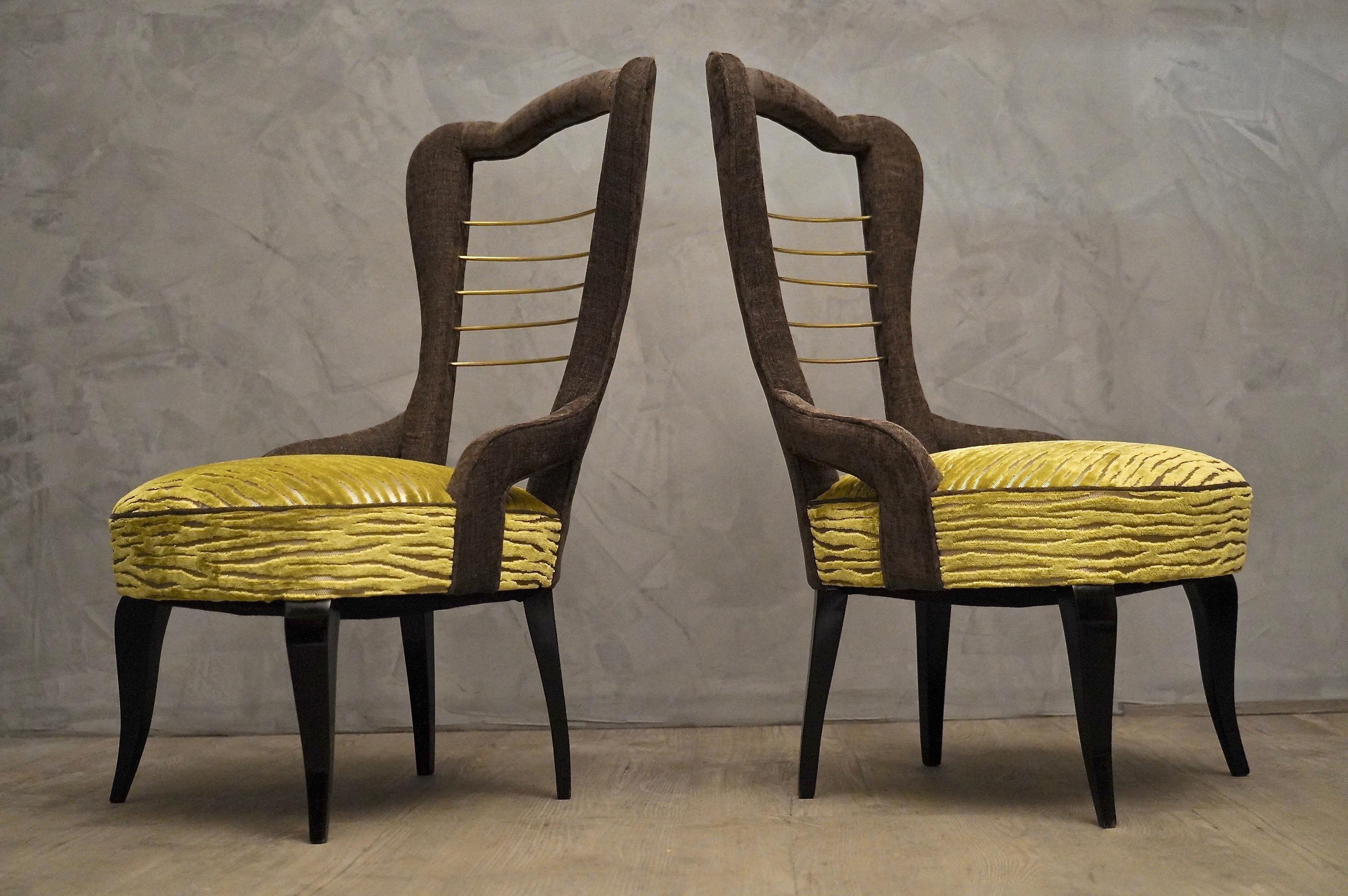 Pair of Midcentury Green Velvet and Brass Italian Chairs, 1950 For Sale 4