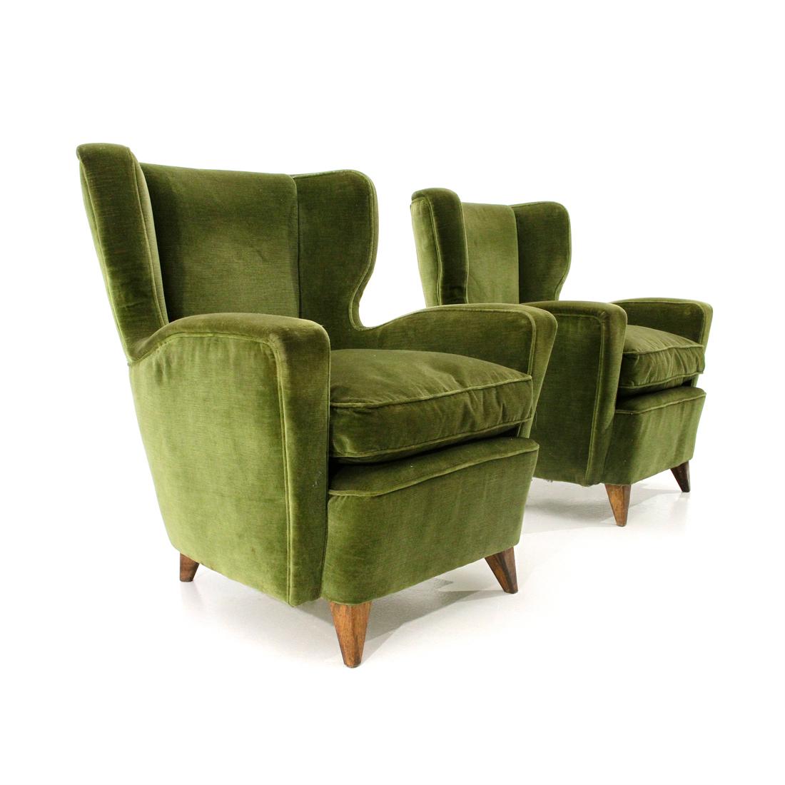 Mid-Century Modern Pair of Midcentury Green Velvet Italian Armchairs, 1950s