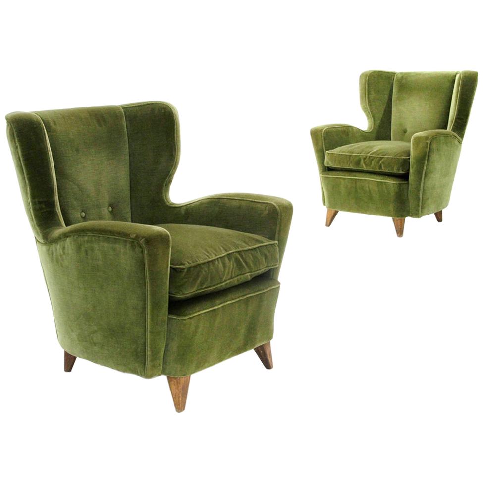 Pair of Midcentury Green Velvet Italian Armchairs, 1950s