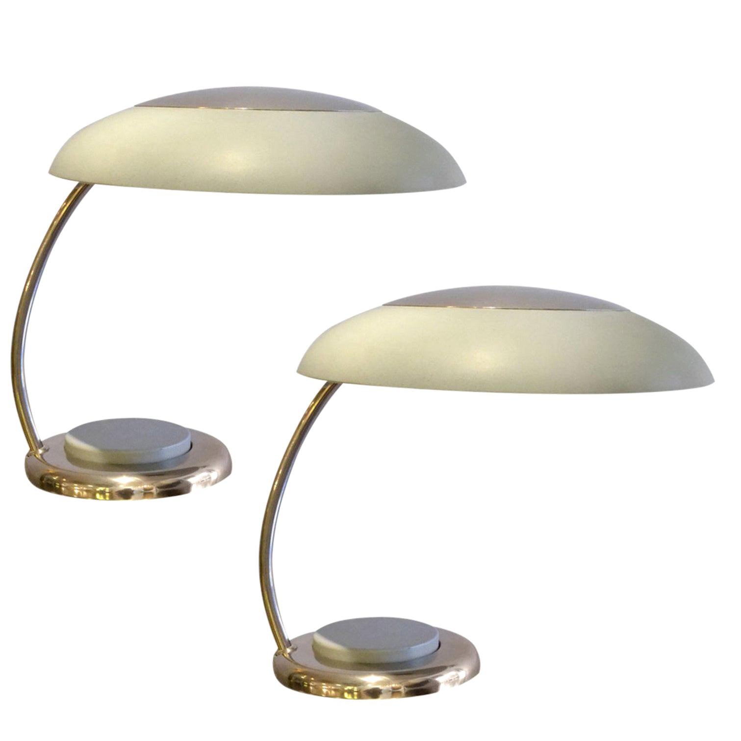 Pair of Grey and Nickel Metal Table or Desk Lamps Bauhaus Style For Sale