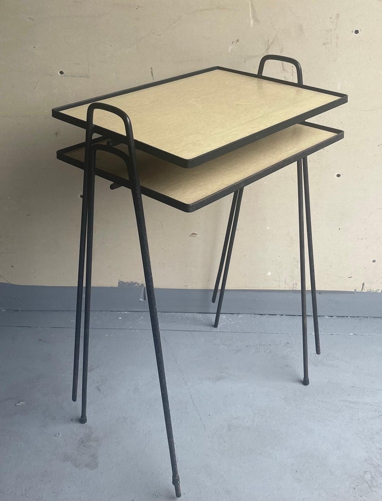 Pair of Mid-Century Hairpin Stacking TV Tray Tables In Fair Condition For Sale In San Diego, CA