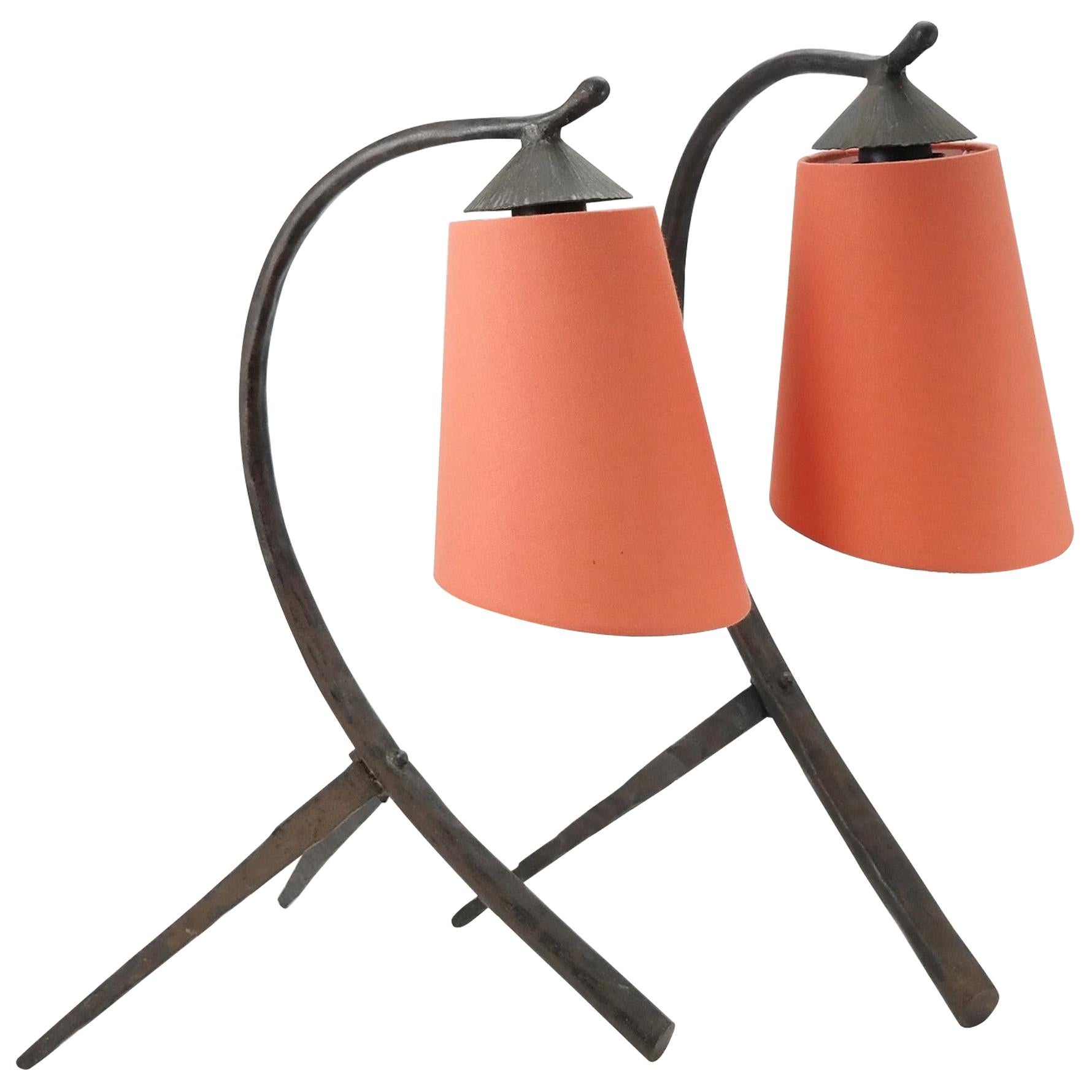 Pair of Midcentury Hammered Wrought Iron Table Lamp with Coral Lampshade, 1970