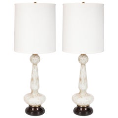 Pair of Midcentury Hand Blown Murano White Table Lamps with 24-Karat Gold Flecks
