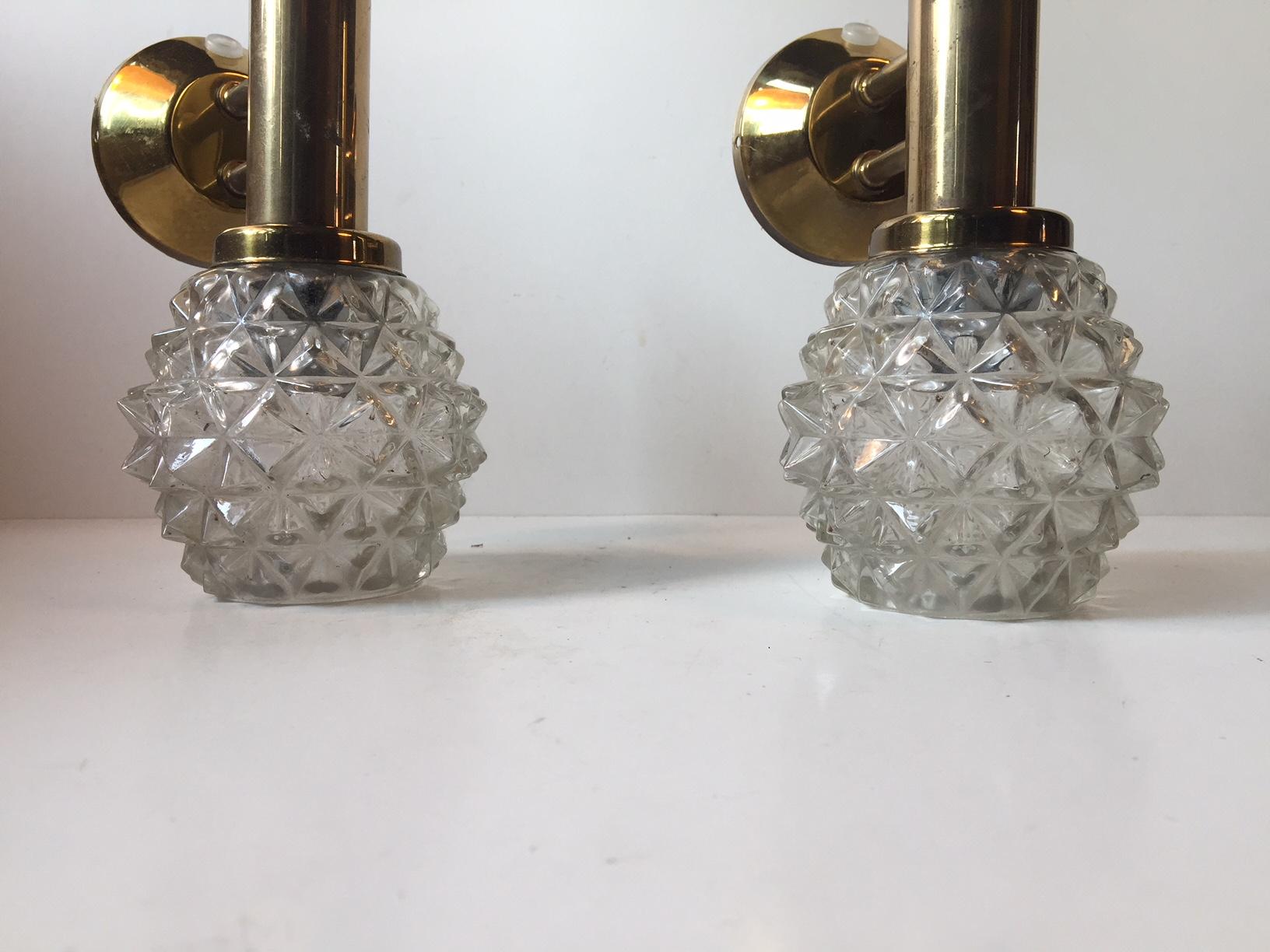 Mid-Century Modern Pair of Midcentury Hand Grenade Sconces in Brass and Pressed Glass