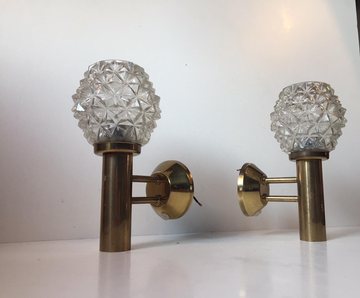 Scandinavian Pair of Midcentury Hand Grenade Sconces in Brass and Pressed Glass