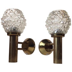 Pair of Midcentury Hand Grenade Sconces in Brass and Pressed Glass