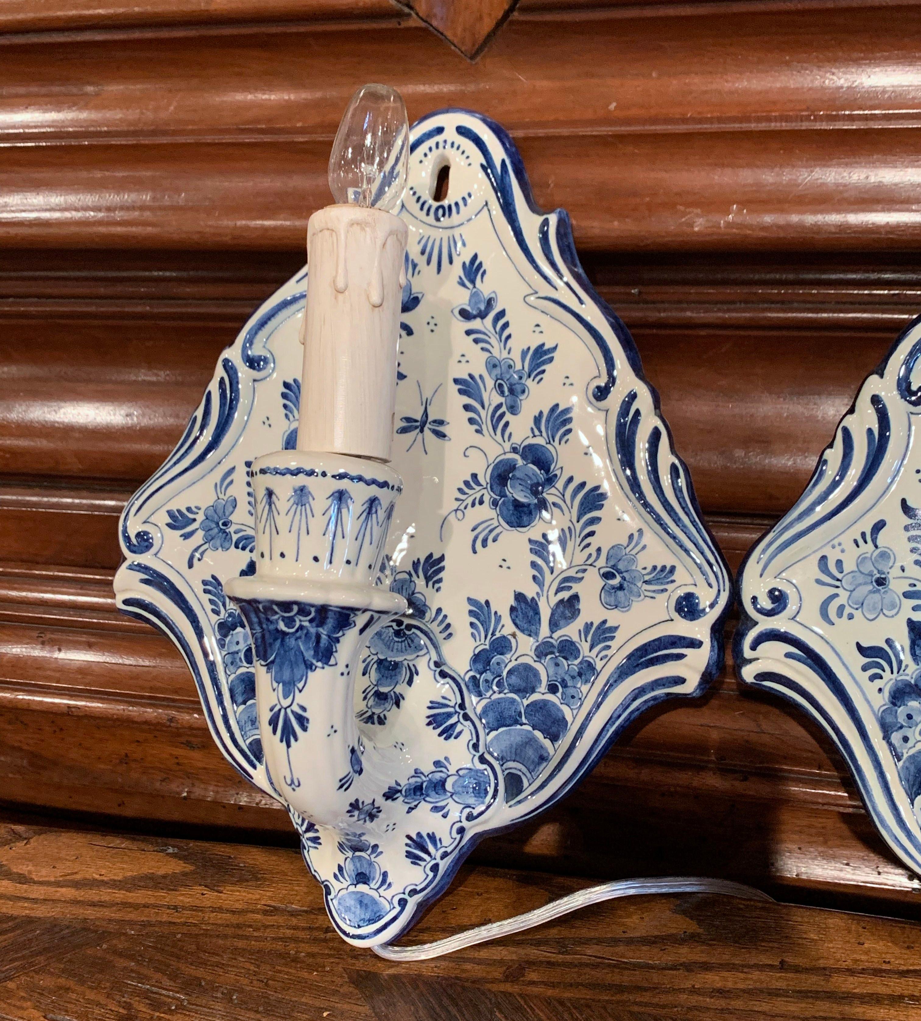 Dutch Pair of Midcentury Hand Painted Faience Delft Wall Sconces