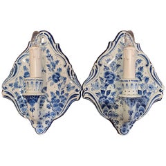 Pair of Midcentury Hand Painted Faience Delft Wall Sconces