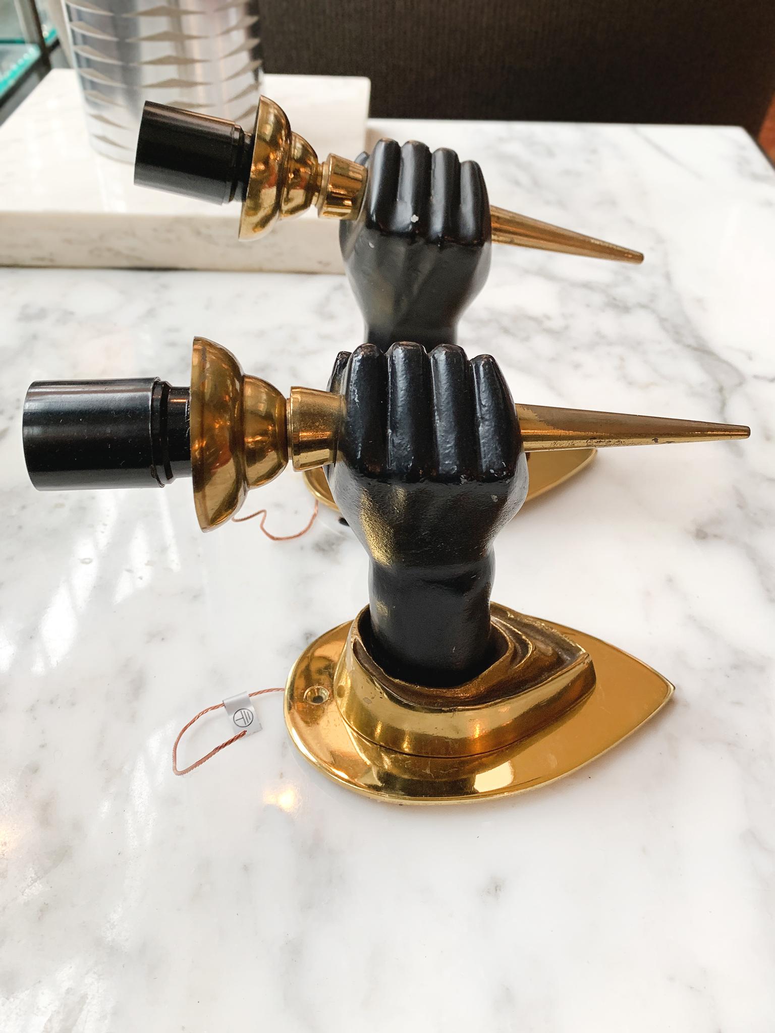 Brass Pair of Midcentury Handform Wall Sconces in the Style of André Arbus