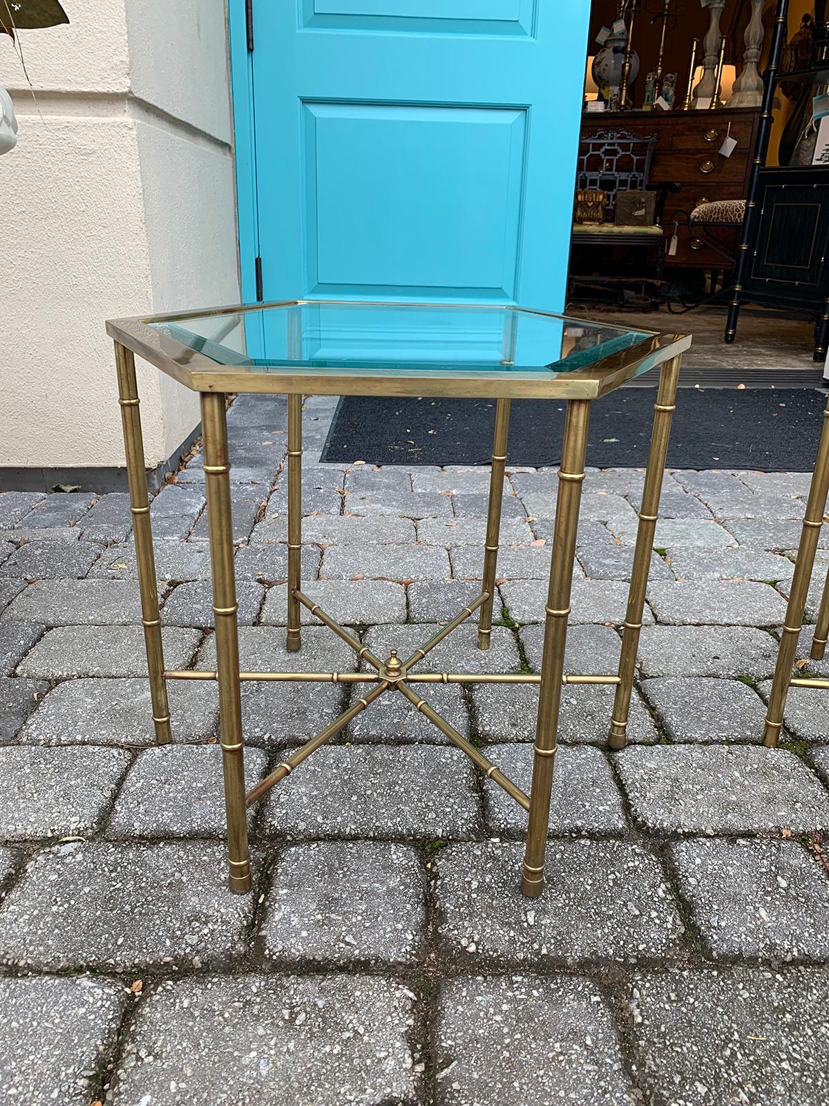 Pair of Mid-20th Century Hexagonal Faux Bamboo Brass and Glass Top Side Tables 7
