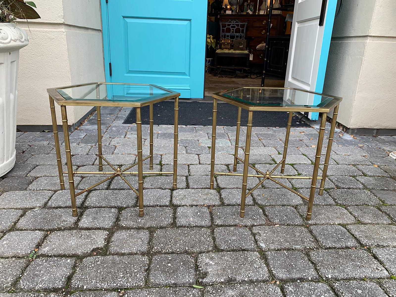 Pair of Mid-20th Century hexagonal faux bamboo brass and glass top side tables.