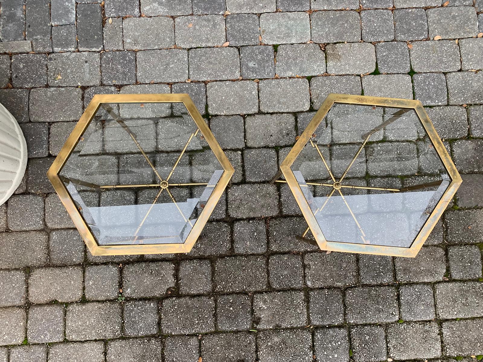 Pair of Mid-20th Century Hexagonal Faux Bamboo Brass and Glass Top Side Tables 1