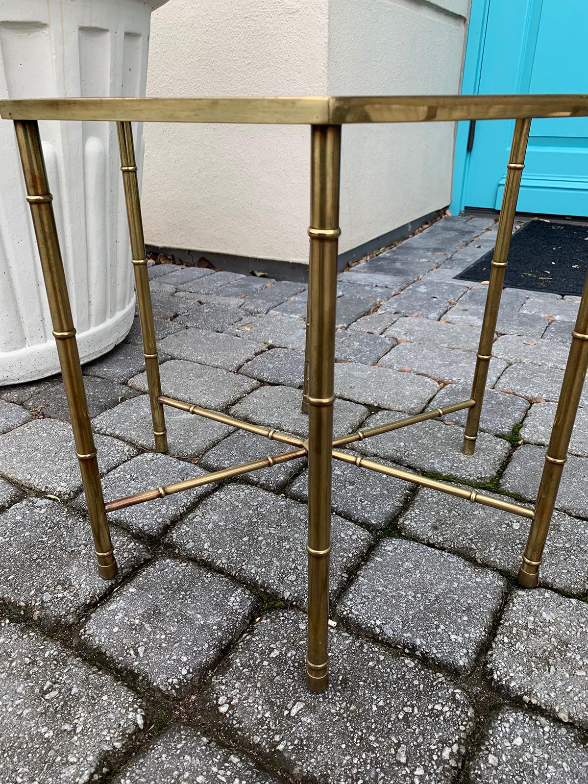 Pair of Mid-20th Century Hexagonal Faux Bamboo Brass and Glass Top Side Tables 3