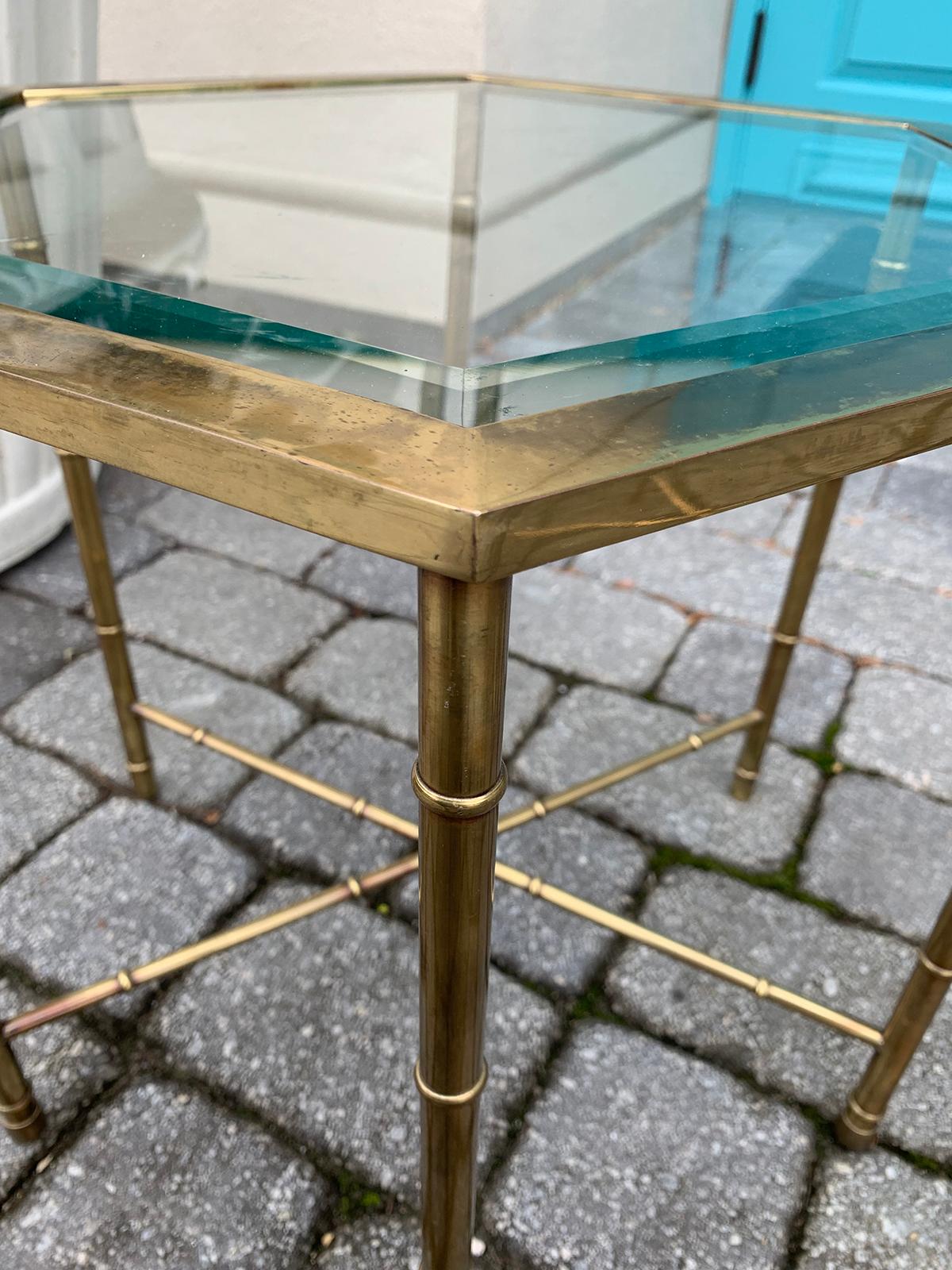Pair of Mid-20th Century Hexagonal Faux Bamboo Brass and Glass Top Side Tables 5