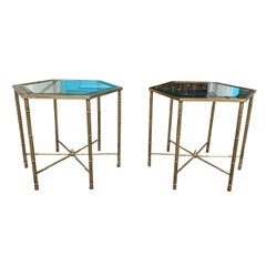 Pair of Mid-20th Century Hexagonal Faux Bamboo Brass and Glass Top Side Tables