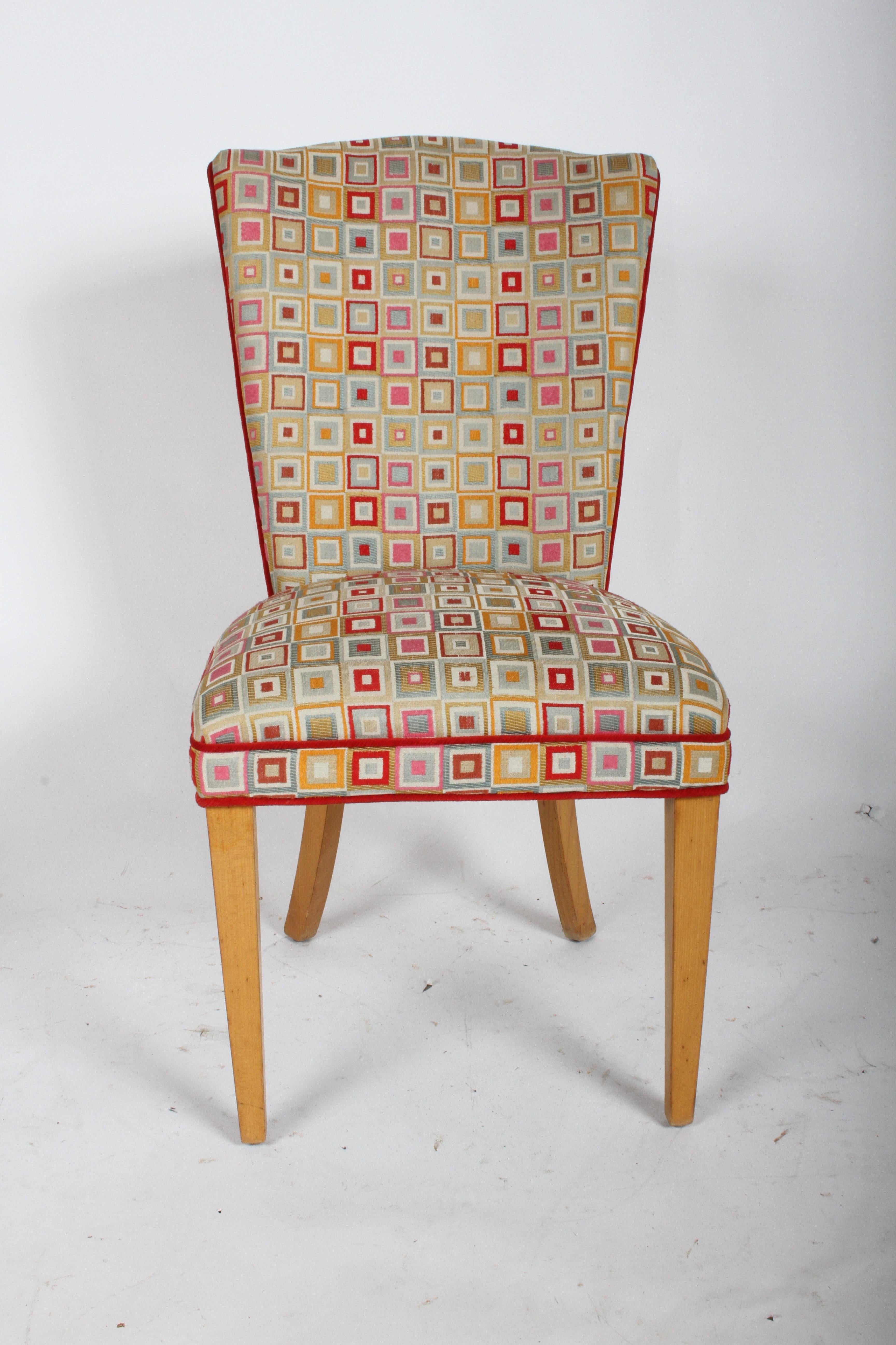 Pair of Hollywood Regency high back dining or occasional chairs with vintage Josef Albers style square geometric upholstery. All original wood finish, upholstery shows wear. Please note only one chair is show in photos. If perfection is sought, then
