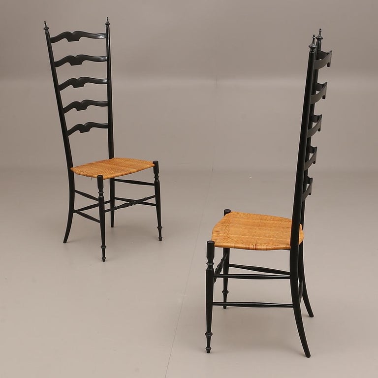 Italian Pair of Midcentury High Back Ebonized Chiavari Chairs For Sale