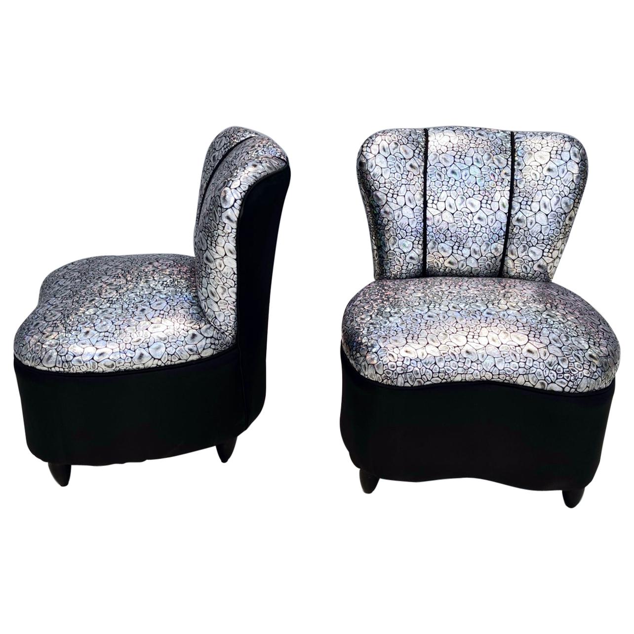 Pair of Vintage Lounge Chairs with Holographic Fabric Upholstery, Italy For Sale
